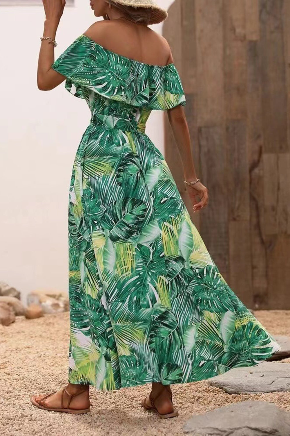 Green Orange Printed Off The Shoulder Long Summer Dress with Slit