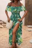 Green Orange Printed Off The Shoulder Long Summer Dress with Slit
