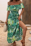 Green Orange Printed Off The Shoulder Long Summer Dress with Slit