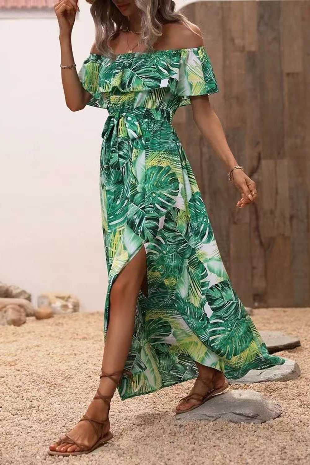 Green Orange Printed Off The Shoulder Long Summer Dress with Slit
