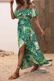 Green Orange Printed Off The Shoulder Long Summer Dress with Slit