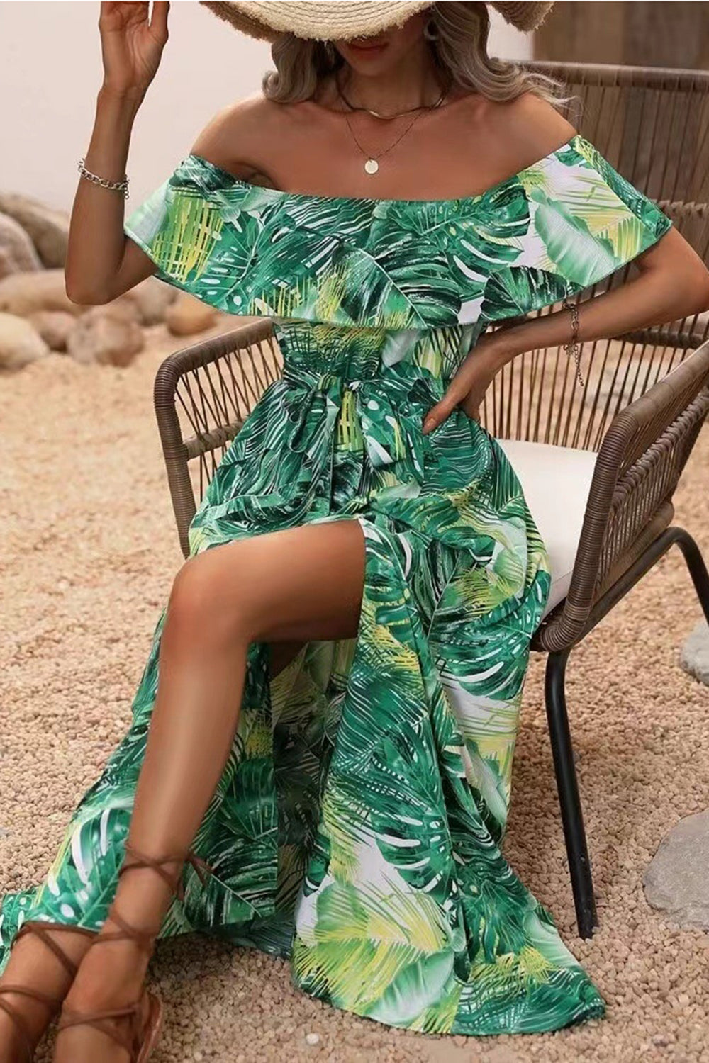 Green Orange Printed Off The Shoulder Long Summer Dress with Slit
