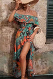 Green Orange Printed Off The Shoulder Long Summer Dress with Slit