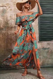 Green Orange Printed Off The Shoulder Long Summer Dress with Slit