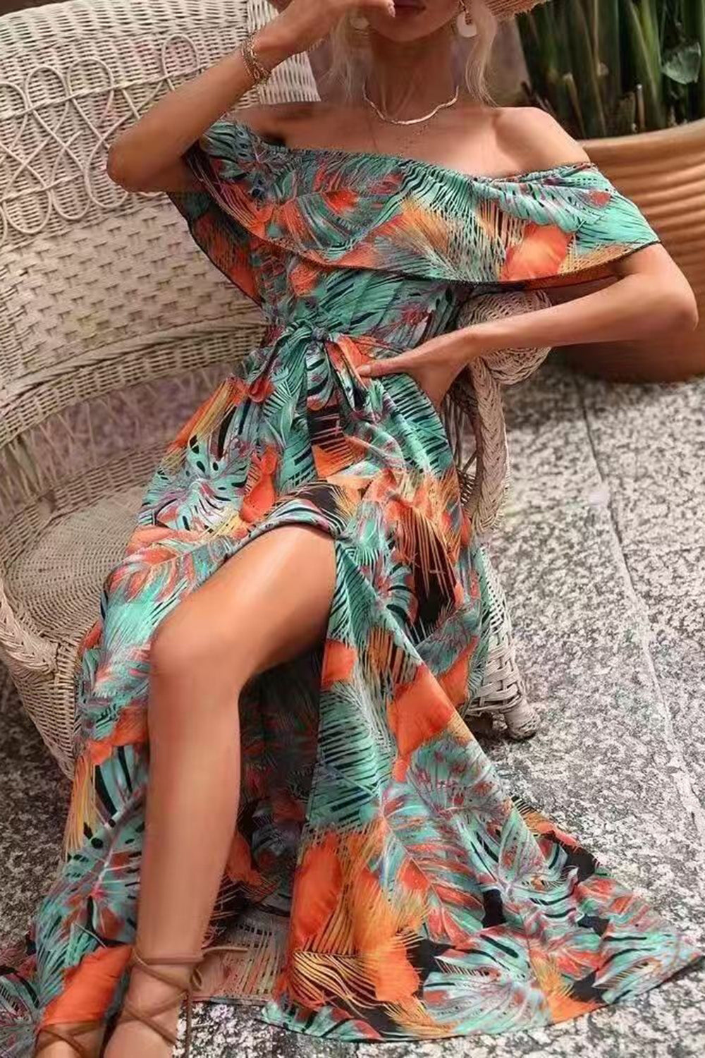 Green Orange Printed Off The Shoulder Long Summer Dress with Slit