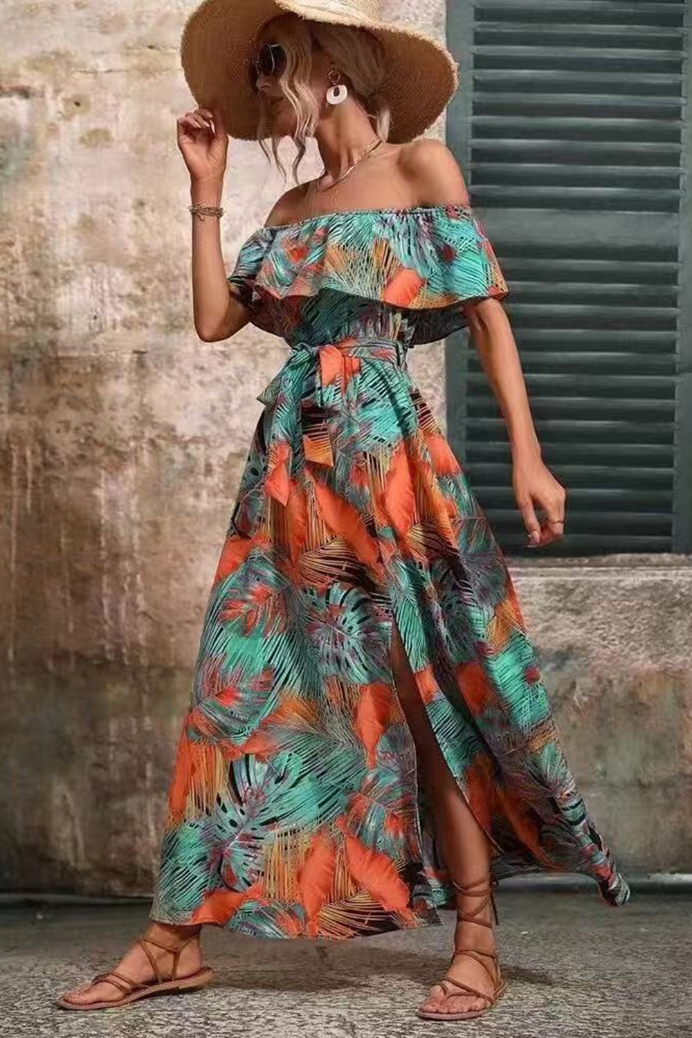 Green Orange Printed Off The Shoulder Long Summer Dress with Slit