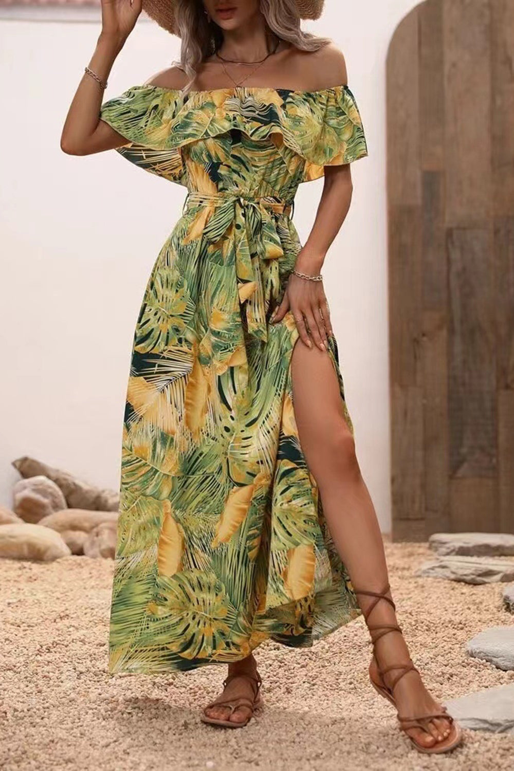 Green Orange Printed Off The Shoulder Long Summer Dress with Slit