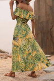 Green Orange Printed Off The Shoulder Long Summer Dress with Slit