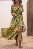Green Orange Printed Off The Shoulder Long Summer Dress with Slit