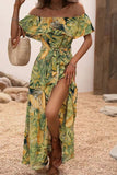 Green Orange Printed Off The Shoulder Long Summer Dress with Slit