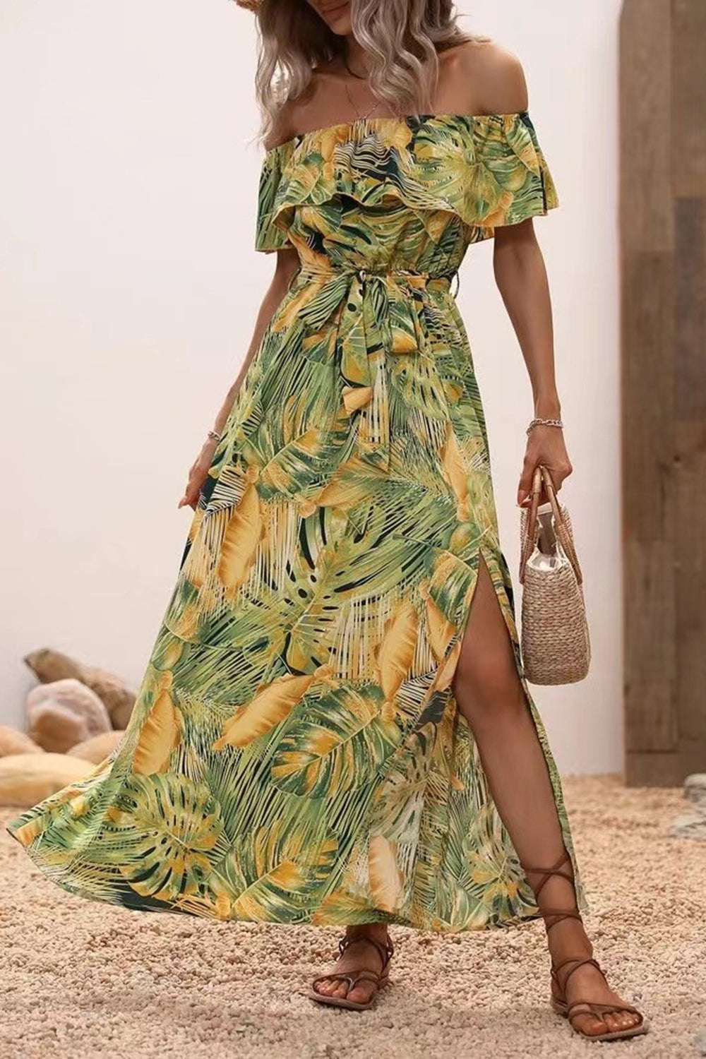 Green Orange Printed Off The Shoulder Long Summer Dress with Slit