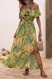 Green Orange Printed Off The Shoulder Long Summer Dress with Slit