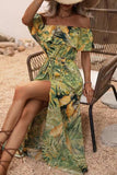 Green Orange Printed Off The Shoulder Long Summer Dress with Slit