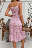 Pink Floral Bodycon Spaghetti Straps Midi Summer Dress with Slit