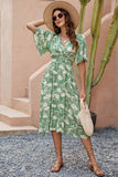 Green Printed V Neck Half Sleeves Midi Summer Dress