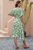 Green Printed V Neck Half Sleeves Midi Summer Dress