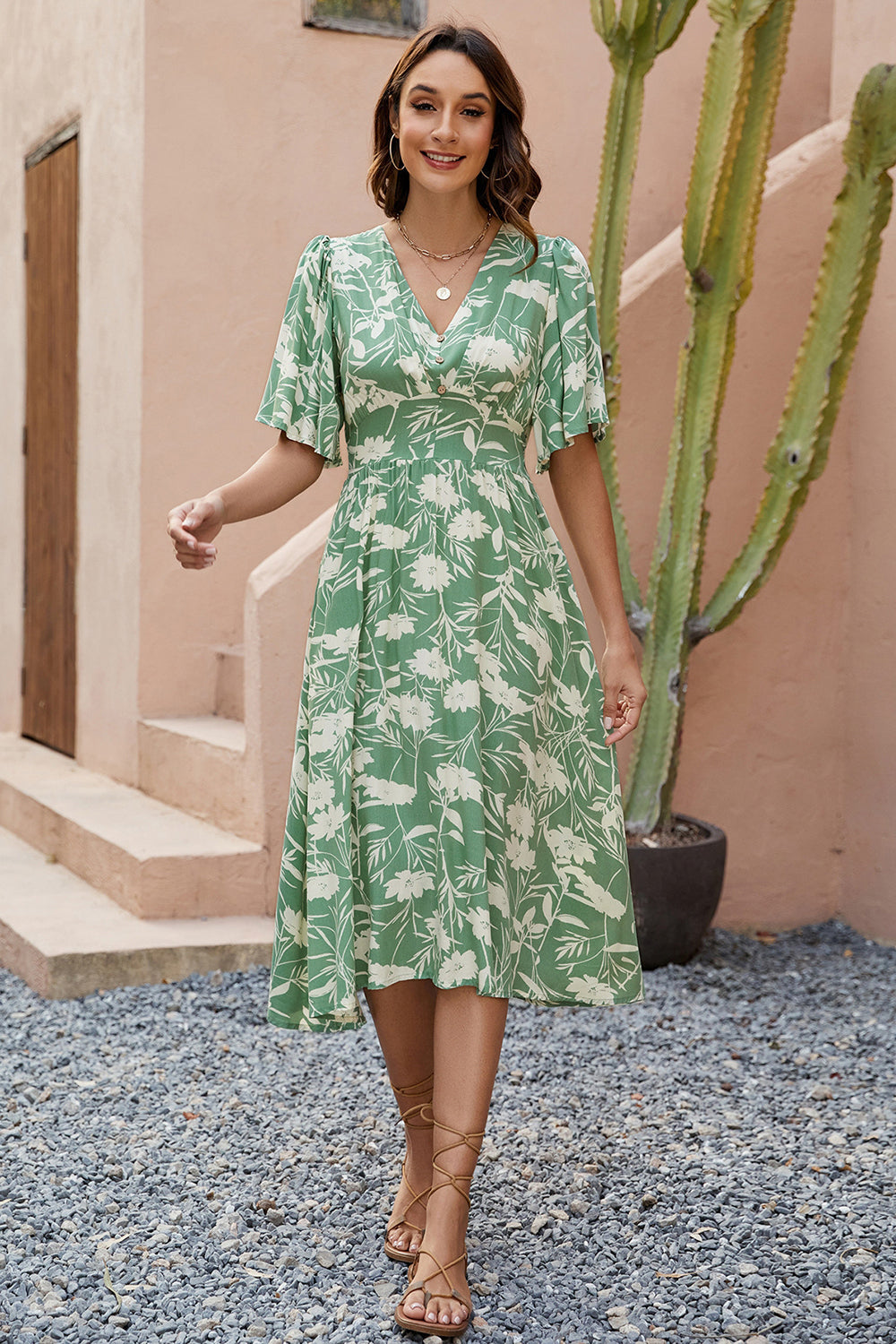 Green Printed V Neck Half Sleeves Midi Summer Dress