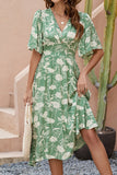 Green Printed V Neck Half Sleeves Midi Summer Dress