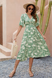 Green Printed V Neck Half Sleeves Midi Summer Dress