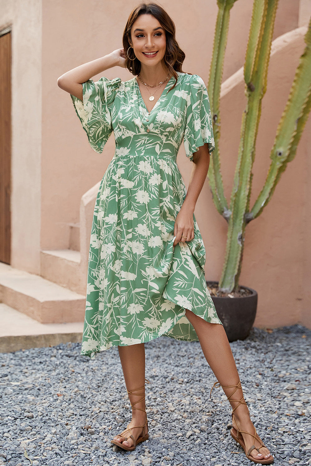 Green Printed V Neck Half Sleeves Midi Summer Dress
