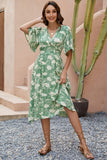 Green Printed V Neck Half Sleeves Midi Summer Dress