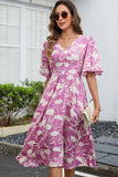 Green Printed V Neck Half Sleeves Midi Summer Dress