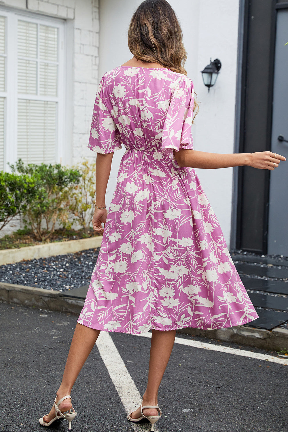 Green Printed V Neck Half Sleeves Midi Summer Dress