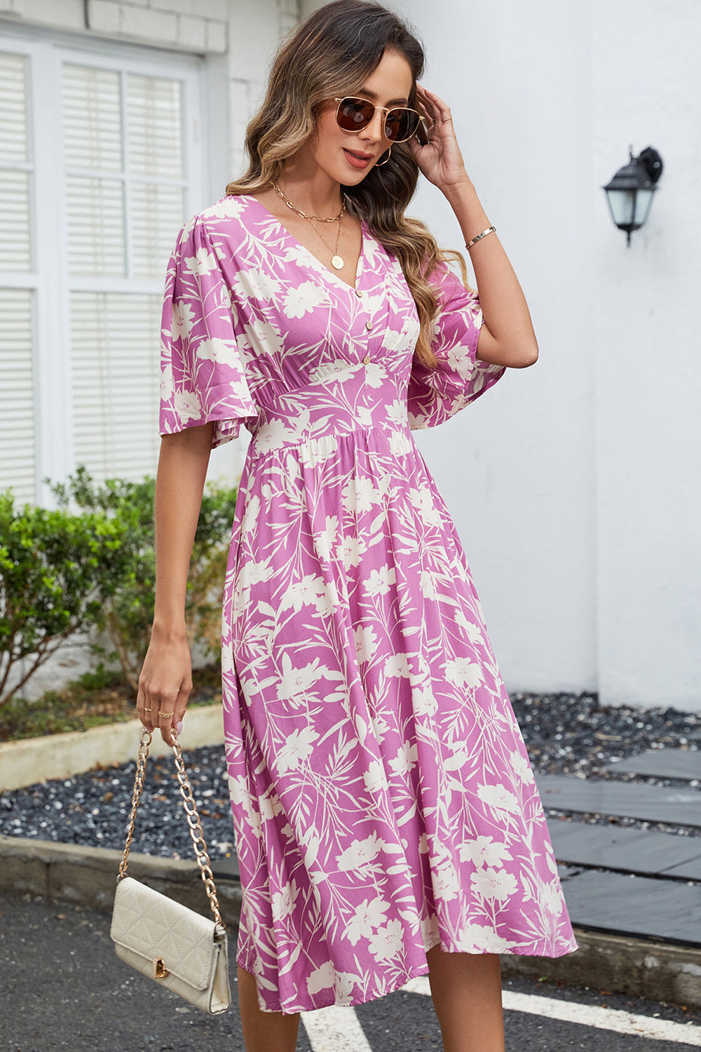Green Printed V Neck Half Sleeves Midi Summer Dress