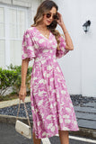 Green Printed V Neck Half Sleeves Midi Summer Dress