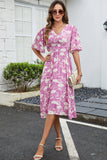 Green Printed V Neck Half Sleeves Midi Summer Dress