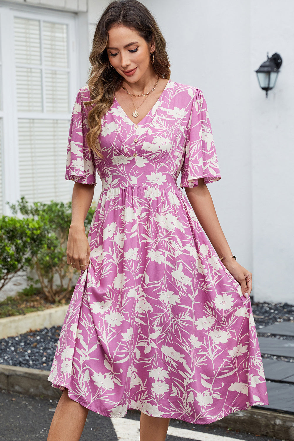 Green Printed V Neck Half Sleeves Midi Summer Dress
