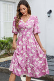 Green Printed V Neck Half Sleeves Midi Summer Dress
