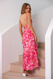 Fuchsia Floral Spaghetti Straps Sheath Long Summer Dress