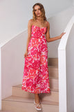 Fuchsia Floral Spaghetti Straps Sheath Long Summer Dress