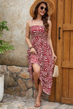 Dark Red Printed A Line Spaghetti Straps Long Summer Dress