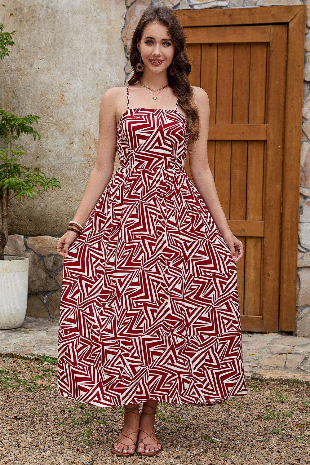 Dark Red Printed A Line Spaghetti Straps Long Summer Dress