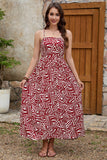 Dark Red Printed A Line Spaghetti Straps Long Summer Dress