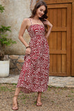 Dark Red Printed A Line Spaghetti Straps Long Summer Dress