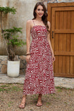 Dark Red Printed A Line Spaghetti Straps Long Summer Dress