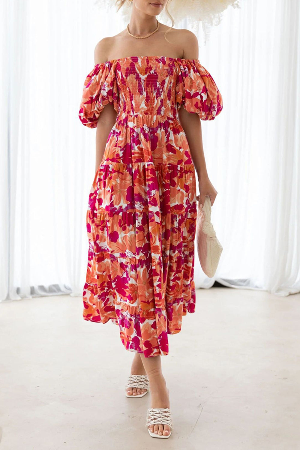 Orange Printed Off The Shoulder Puff Sleeves Long Summer Dress