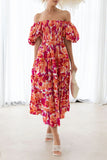 Orange Printed Off The Shoulder Puff Sleeves Long Summer Dress