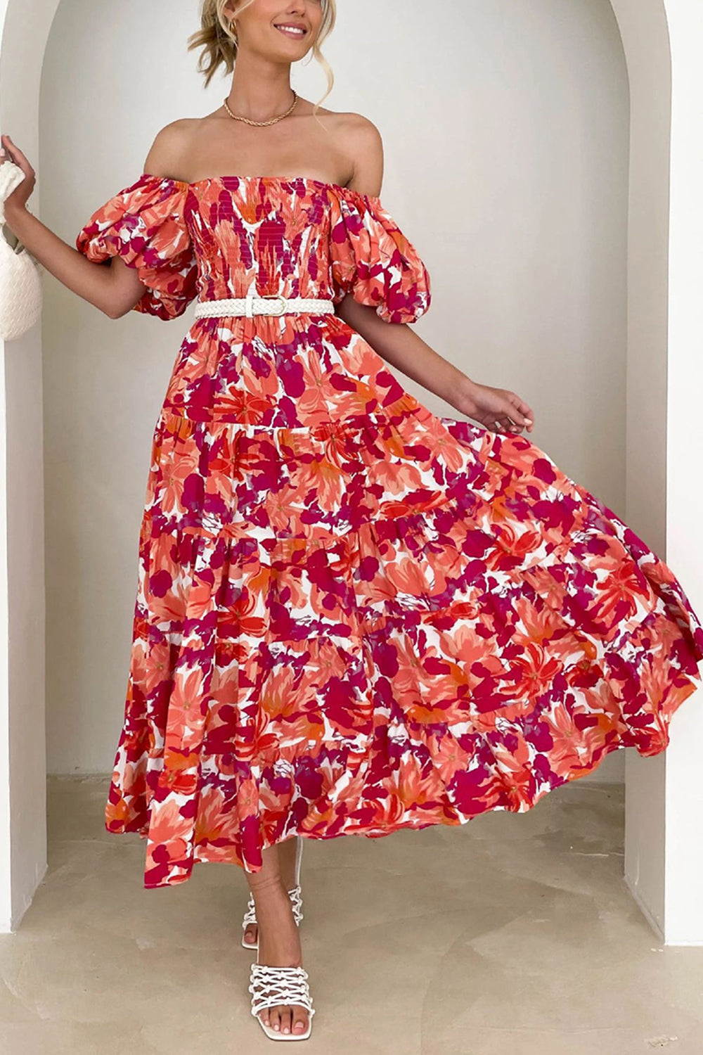 Orange Printed Off The Shoulder Puff Sleeves Long Summer Dress