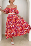Orange Printed Off The Shoulder Puff Sleeves Long Summer Dress