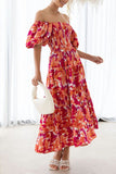 Orange Printed Off The Shoulder Puff Sleeves Long Summer Dress