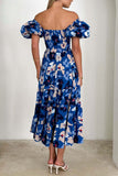 Orange Printed Off The Shoulder Puff Sleeves Long Summer Dress