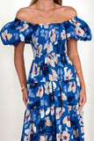 Orange Printed Off The Shoulder Puff Sleeves Long Summer Dress