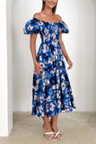 Orange Printed Off The Shoulder Puff Sleeves Long Summer Dress