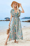 Green Printed Puff Sleeves A Line Long Summer Dress with Slit