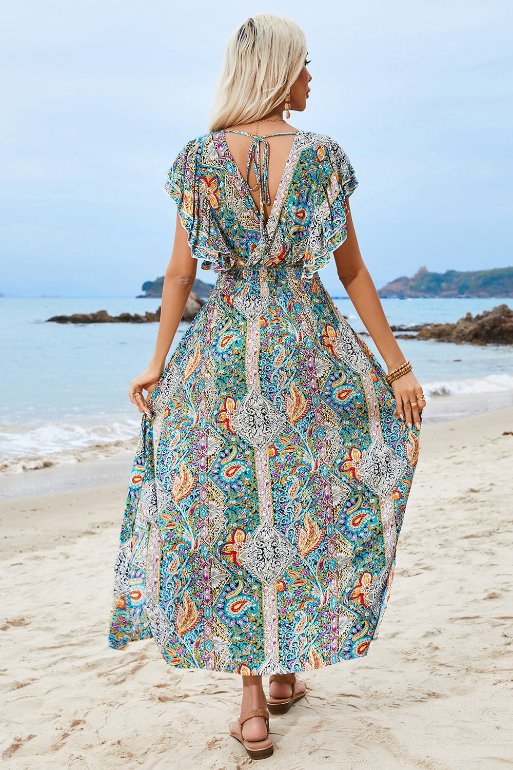 Green Printed Puff Sleeves A Line Long Summer Dress with Slit