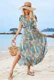 Green Printed Puff Sleeves A Line Long Summer Dress with Slit